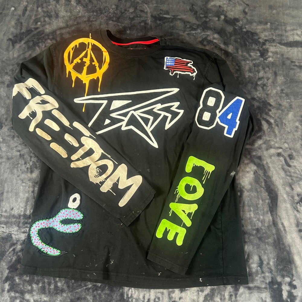 Ron Bass Graphic Long Sleeve Shirt Mens XL Black Streetwear Freedom Love Kinging